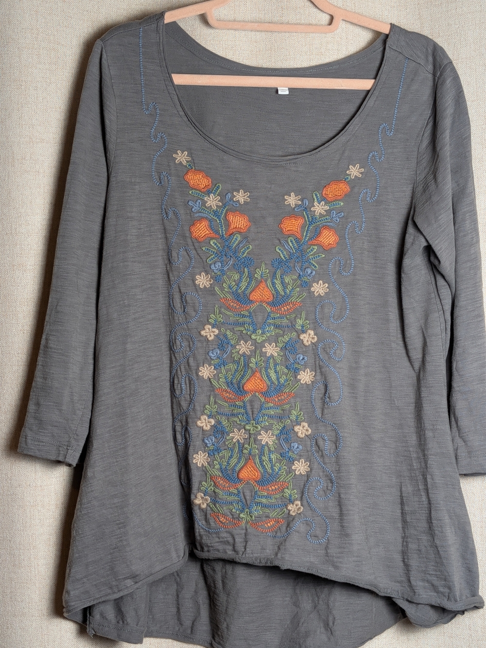 Gray Multicolor Embroidered 100% Cotton Boho Tunic Top Small